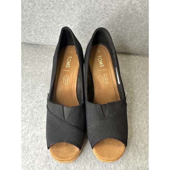 TOMS Black Canvas Cork Wedge Peep Toe Heels – Size 7 - Picture 2 of 7
